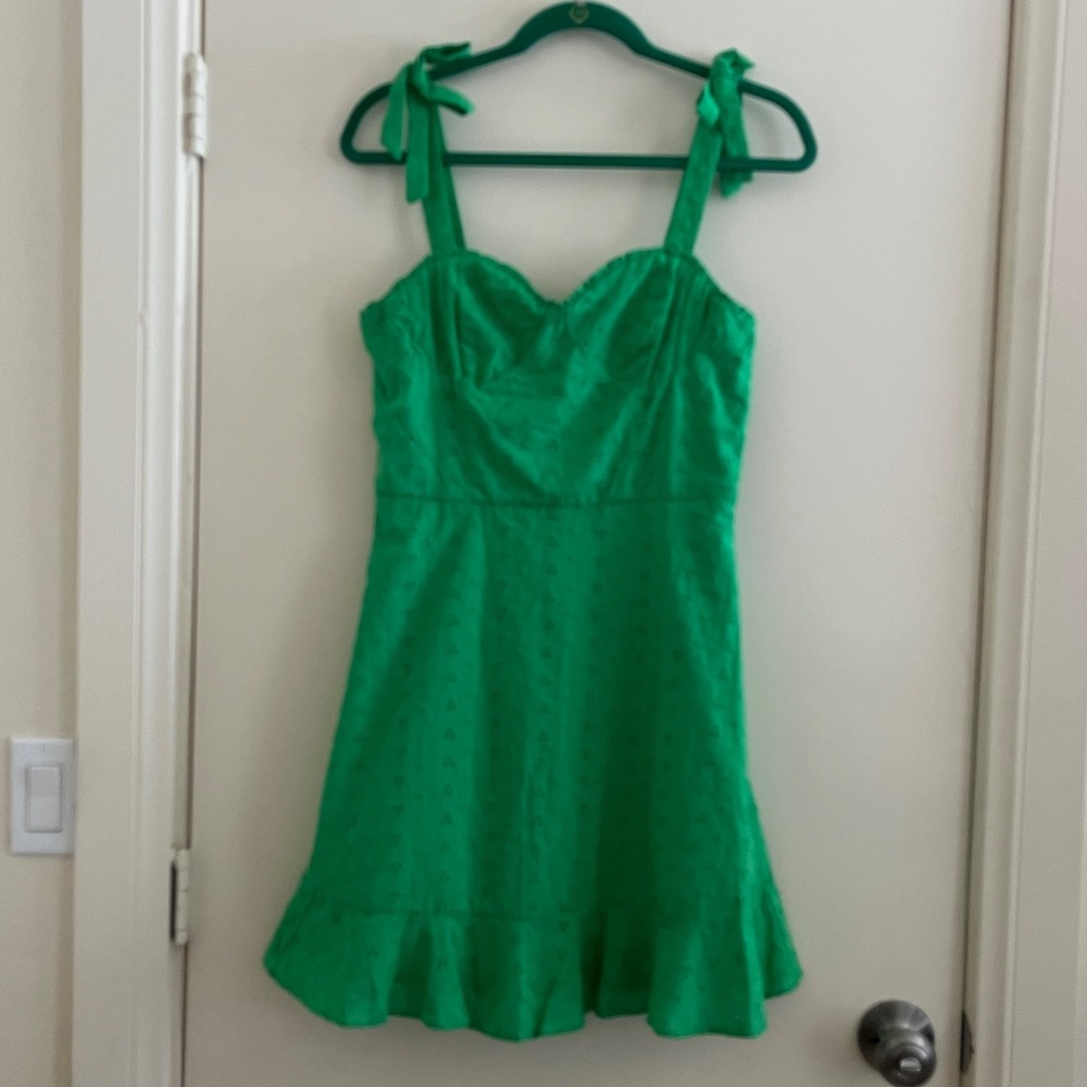Eyelet Embroidered Milkmaid Mini Dress Medium Green Smocked‎ Tie Straps Coquette